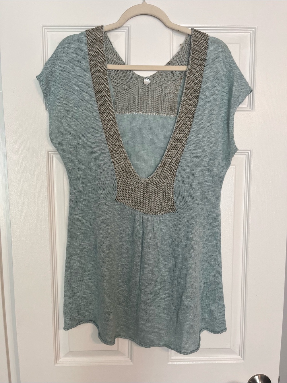 Margaret O'Leary Seafoam Knit V-Neck Tunic with Taupe Trim